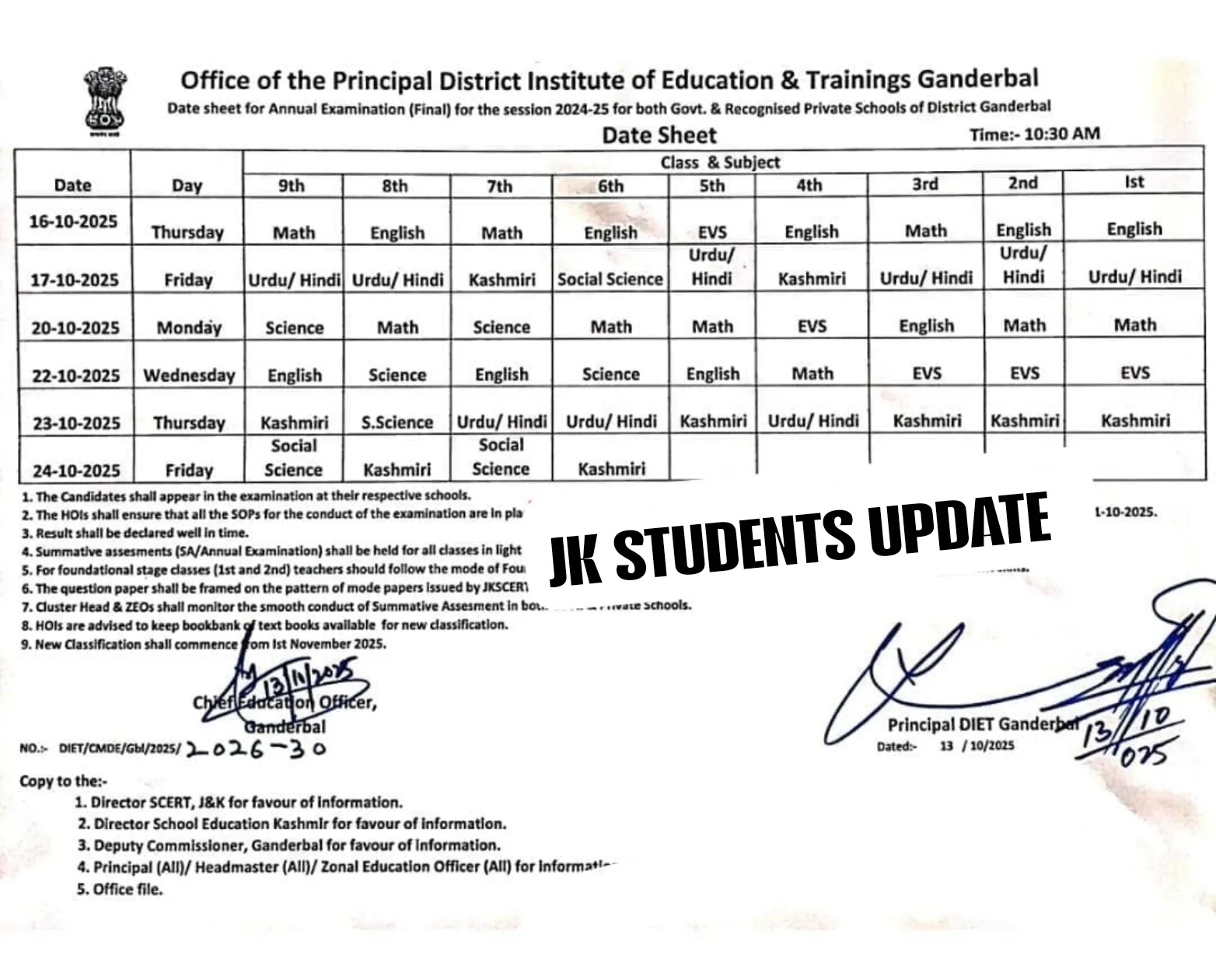 1st to 9th Class Datesheet - All Schools of District Ganderbal
