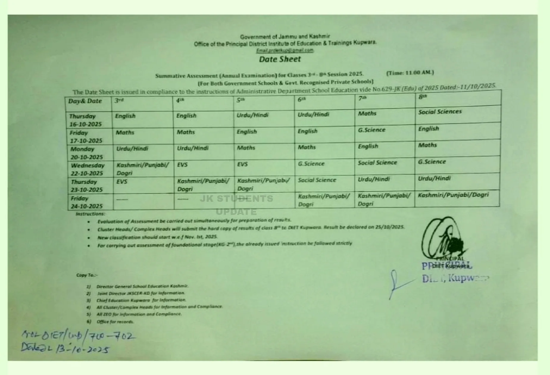 8th Class Datesheet Kupwara